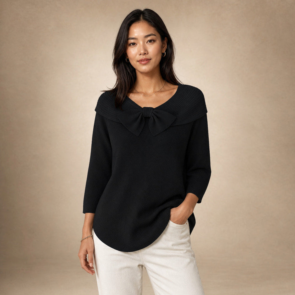 Meta | Strickpullover mit Schleife am Ausschnitt in Schwarz – Premium Editorial