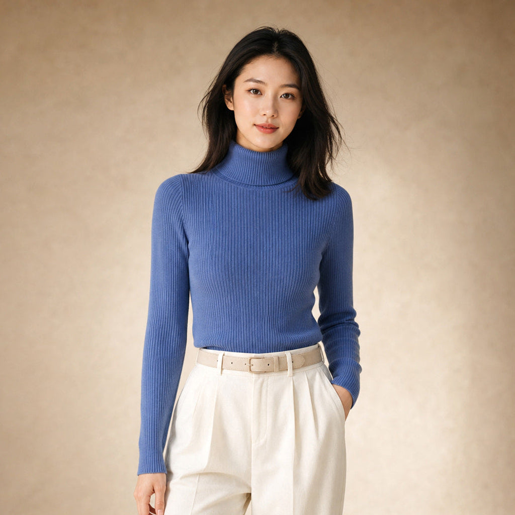 Metta | Rollkragenpullover aus Feinrippstrick in Blau – Premium Editorial