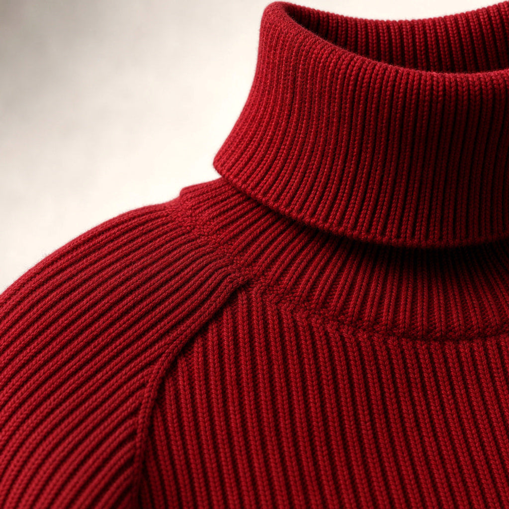 Metta | Rollkragenpullover aus Feinrippstrick Rot – Stoff- und Detailaufnahme