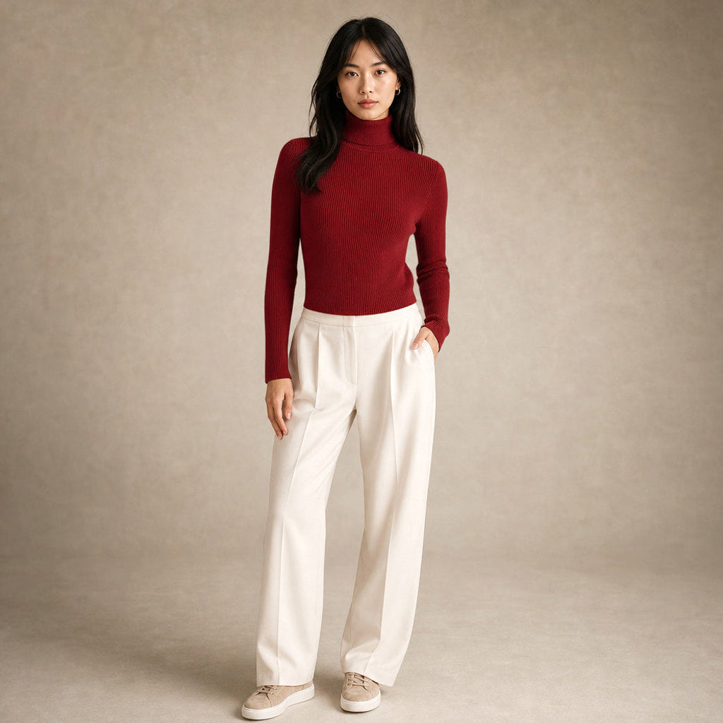 Metta | Rollkragenpullover aus Feinrippstrick Rot – Gesamtlook