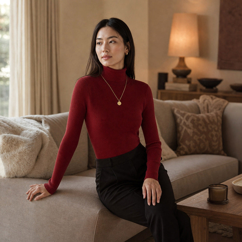 Metta | Rollkragenpullover aus Feinrippstrick Rot – Gestyltes Editorial-Foto