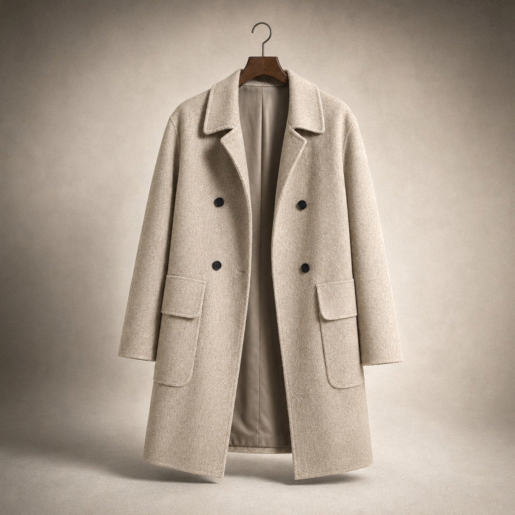 Mieke | Zweireihiger Mantel in Mittellang mit Eingrifftaschen Beige – Produktfoto