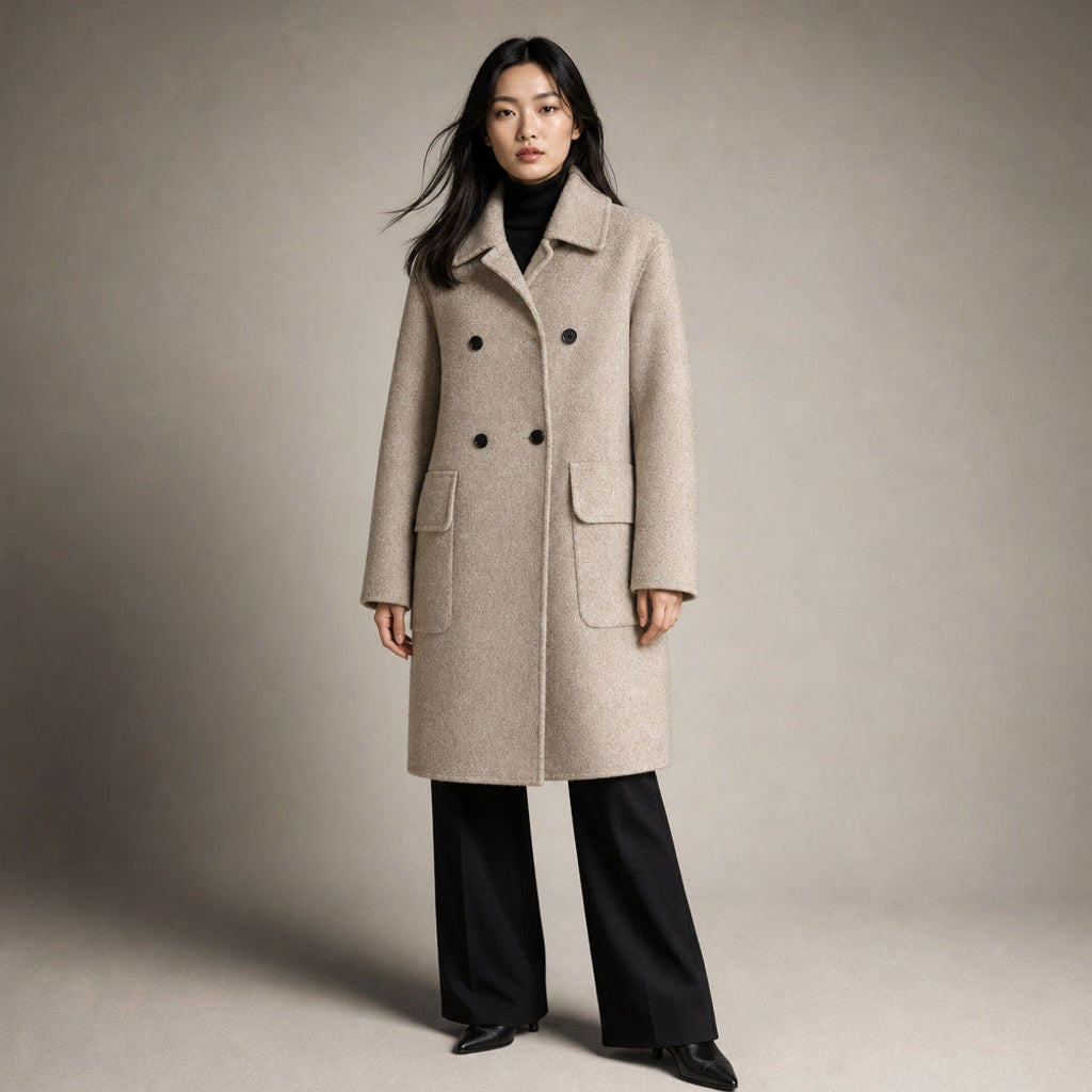 Mieke | Zweireihiger Mantel in Mittellang mit Eingrifftaschen in Beige – Premium Editorial