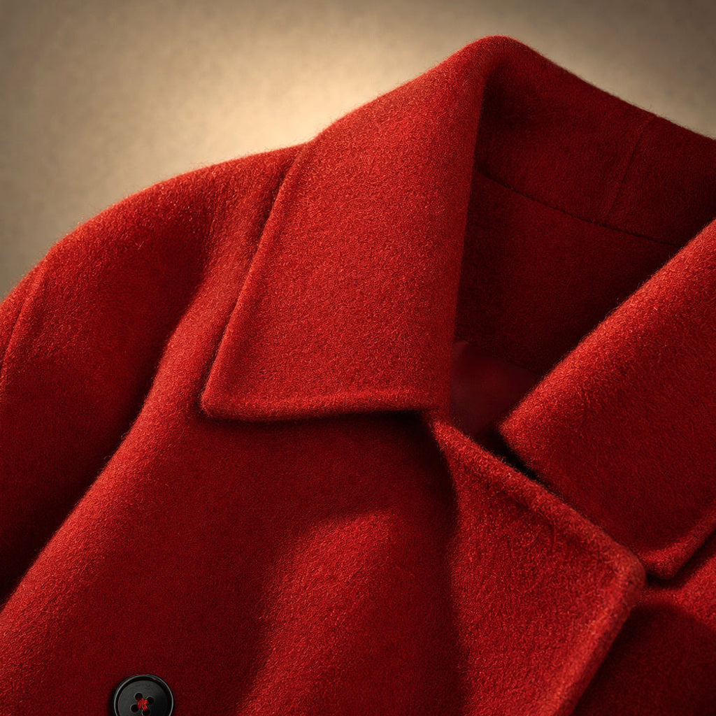 Mieke | Zweireihiger Mantel in Mittellang mit Eingrifftaschen Rot – Stoff- und Detailaufnahme