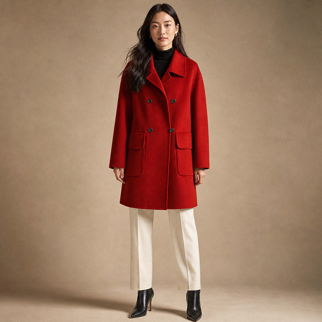 Mieke | Zweireihiger Mantel in Mittellang mit Eingrifftaschen in Rot – Premium Editorial