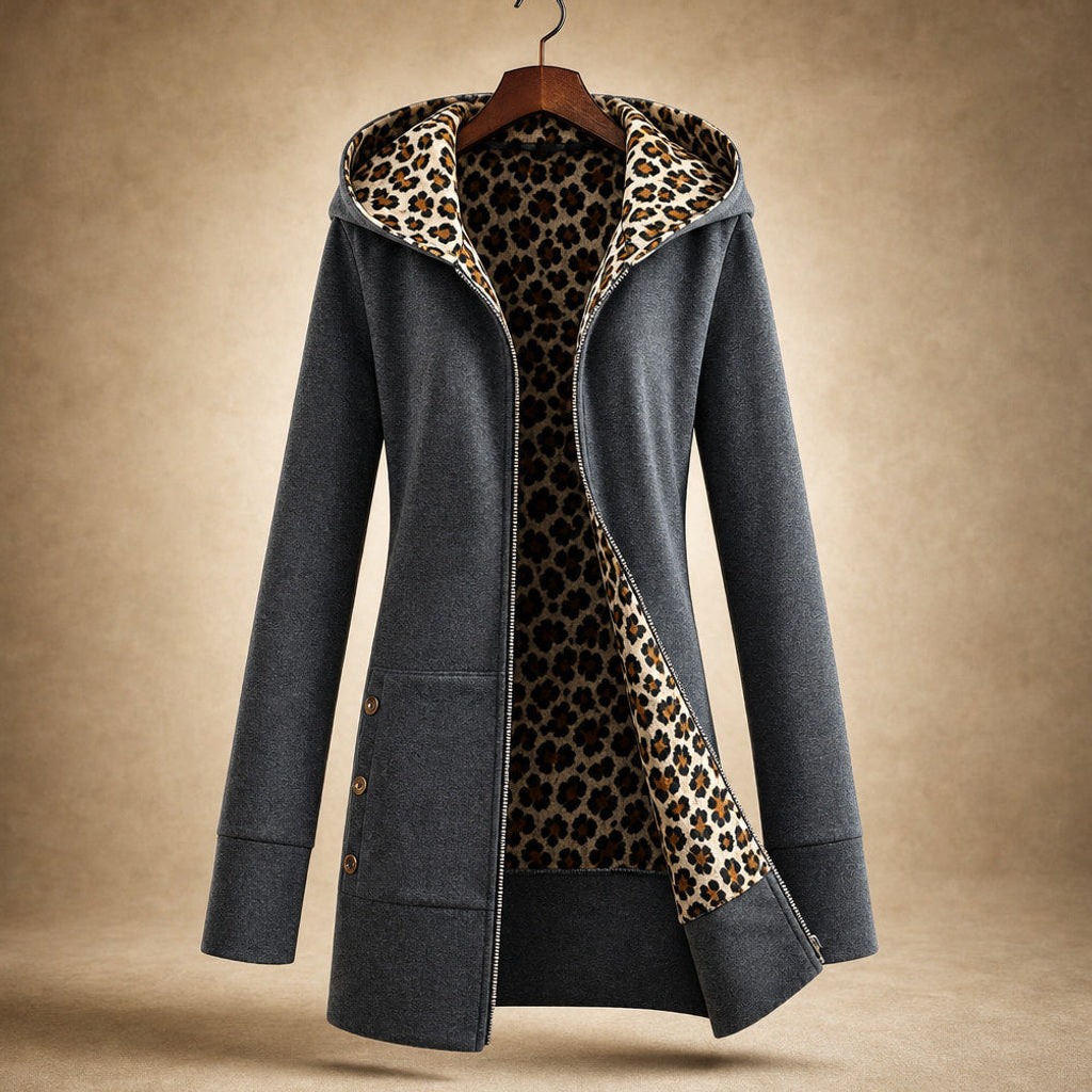 Nadine | Winterjacke mit Kapuze und Leopardenmuster Dunkelgrau – Produktfoto