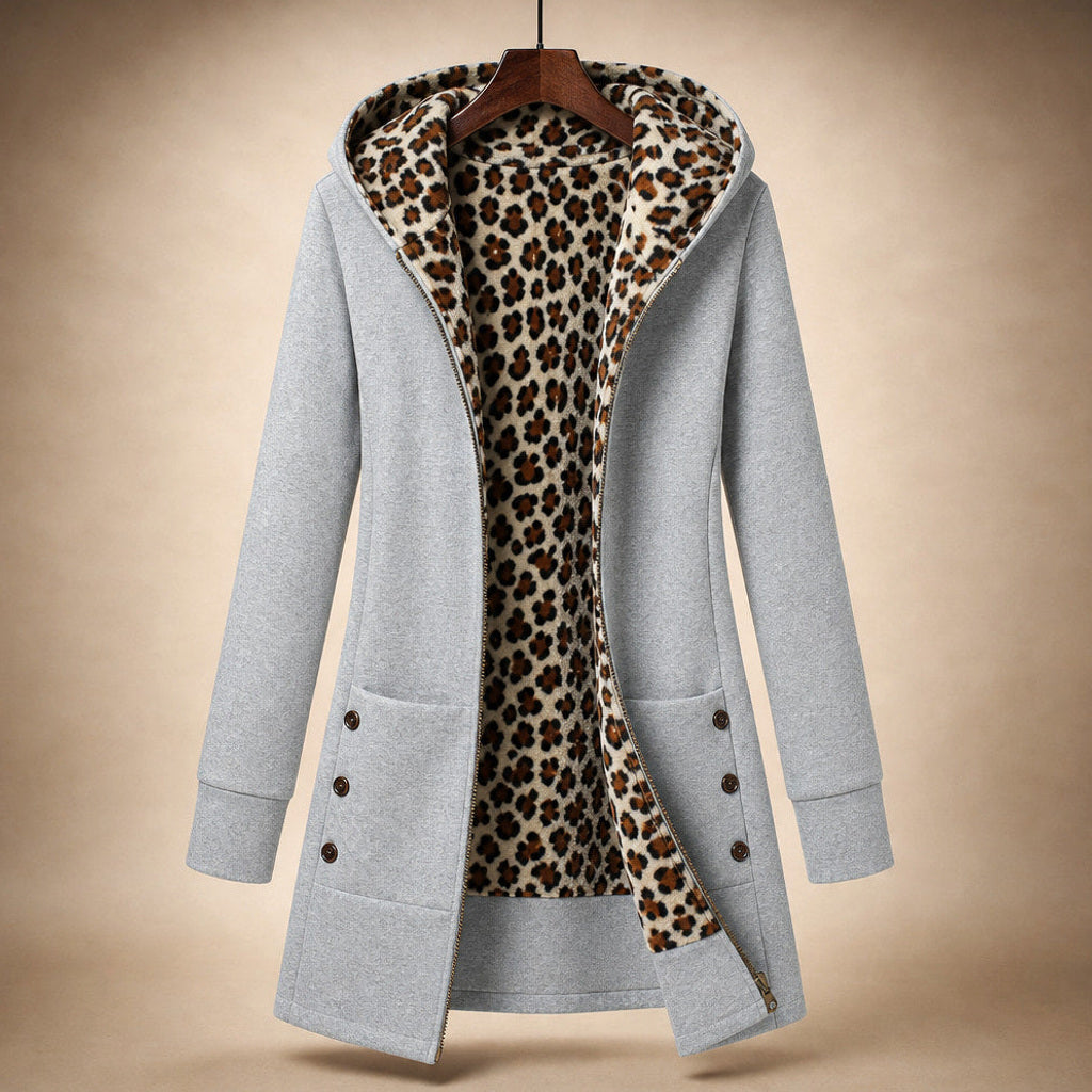 Nadine | Winterjacke mit Kapuze und Leopardenmuster Hellgrau – Produktfoto
