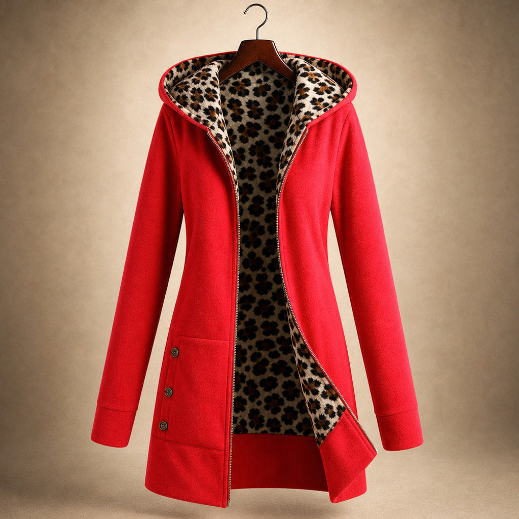 Nadine | Winterjacke mit Kapuze und Leopardenmuster Rot – Produktfoto