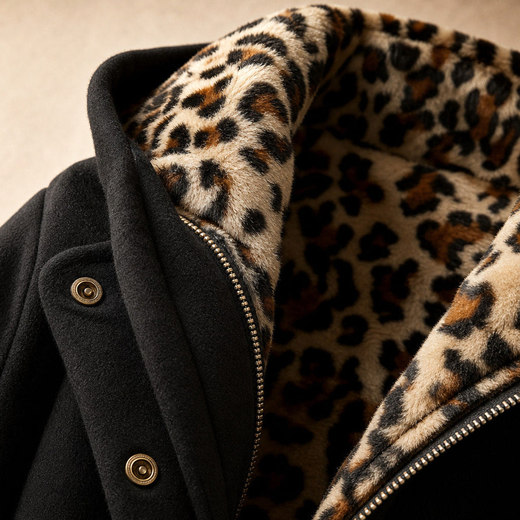 Nadine | Winterjacke mit Kapuze und Leopardenmuster Schwarz – Stoff- und Detailaufnahme