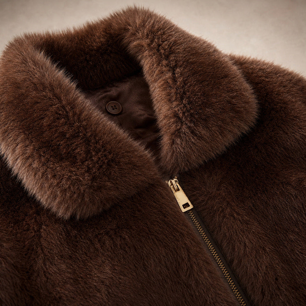 Nordhild | Kurzjacke aus Webpelz mit taillierter Passform Braun – Stoff- und Detailaufnahme