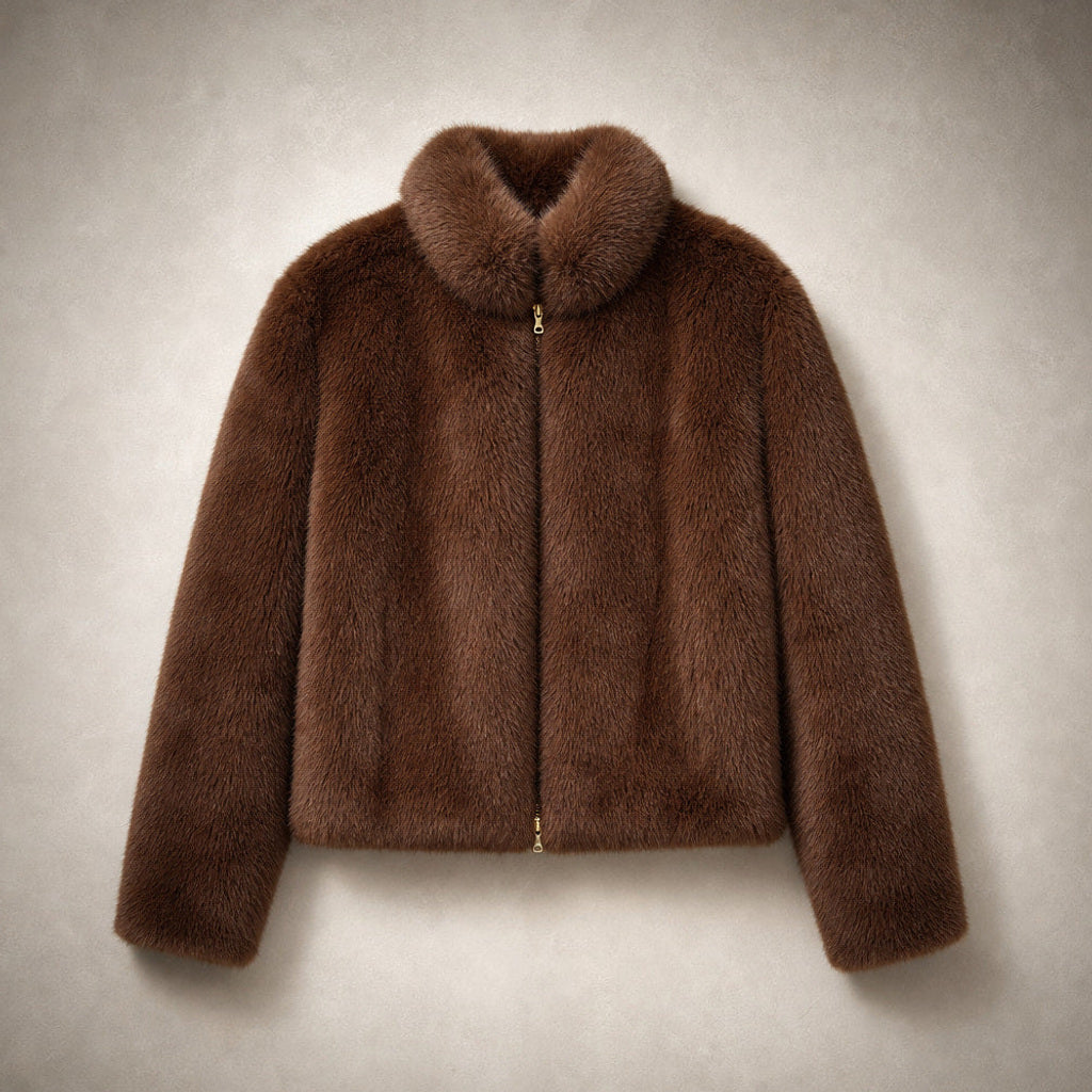Nordhild | Kurzjacke aus Webpelz mit taillierter Passform Braun – Flatlay-Produktfoto