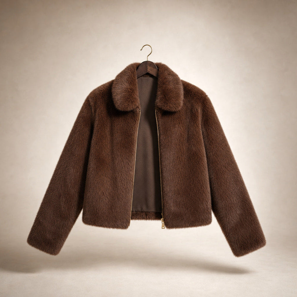 Nordhild | Kurzjacke aus Webpelz mit taillierter Passform Braun – Produktfoto