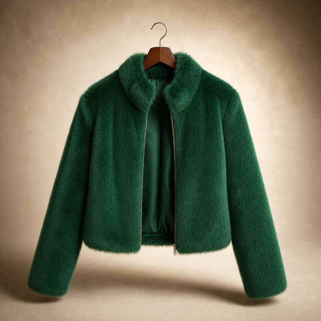 Nordhild | Kurzjacke aus Webpelz mit taillierter Passform Grün – Produktfoto