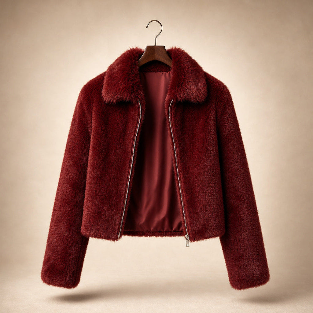 Nordhild | Kurzjacke aus Webpelz mit taillierter Passform Rot – Produktfoto