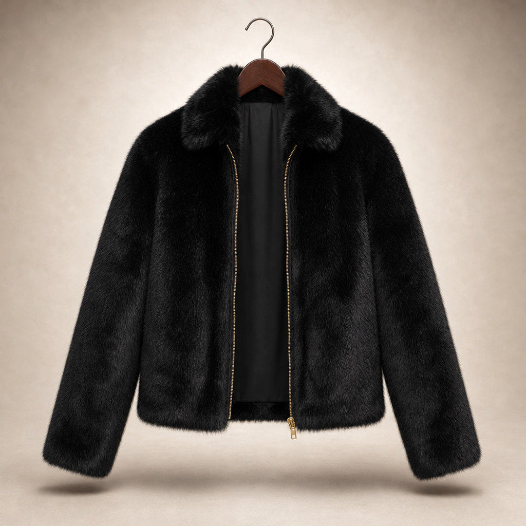 Nordhild | Kurzjacke aus Webpelz mit taillierter Passform Schwarz – Produktfoto