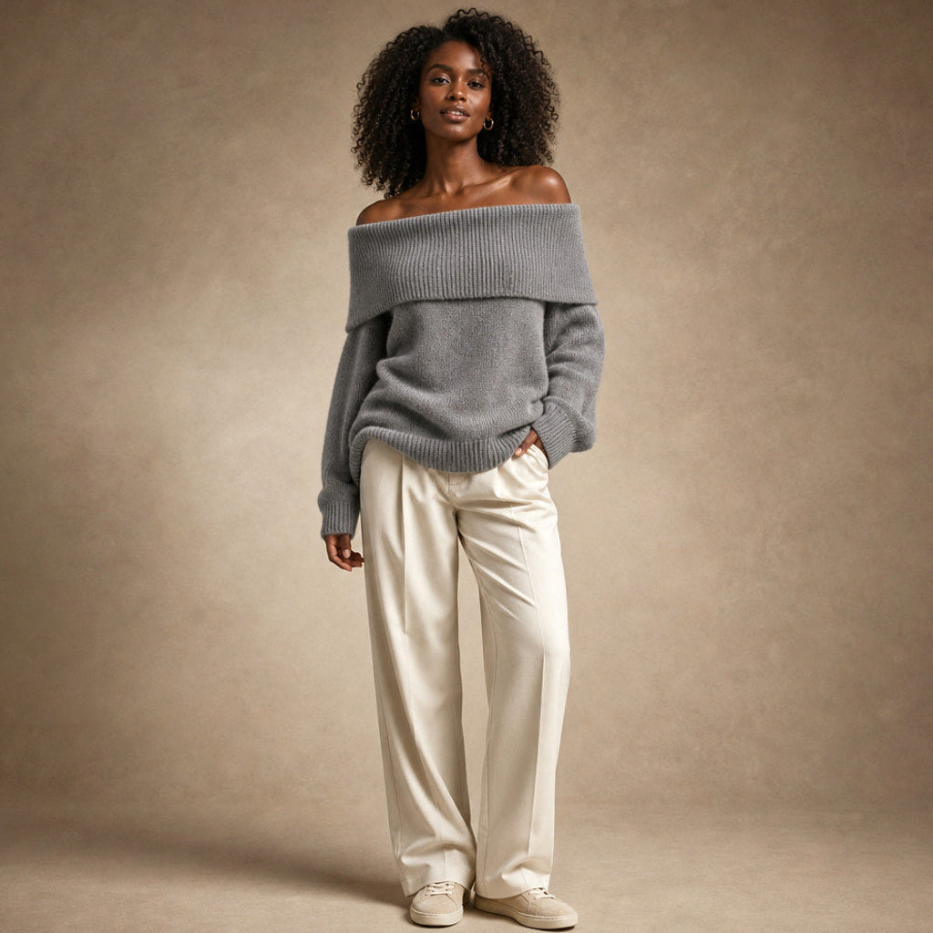 Odilie | Off-Shoulder-Pullover mit Longline-Schnitt in Grau – Premium Editorial