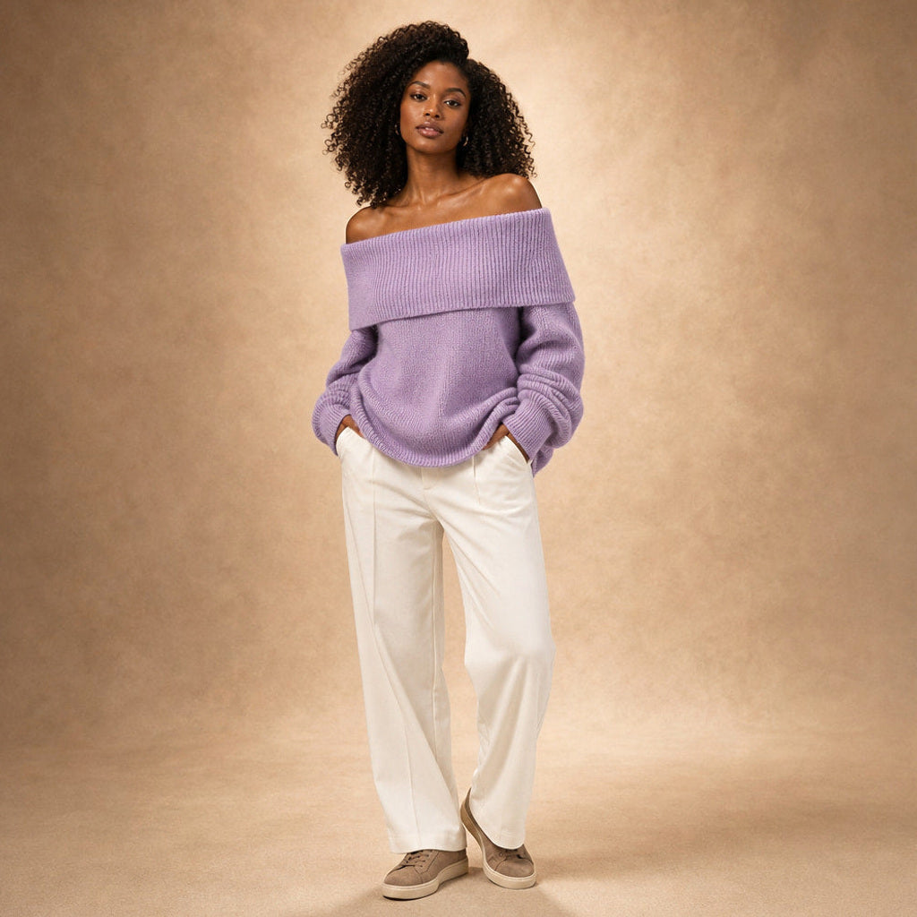 Odilie | Off-Shoulder-Pullover mit Longline-Schnitt in Lila – Premium Editorial