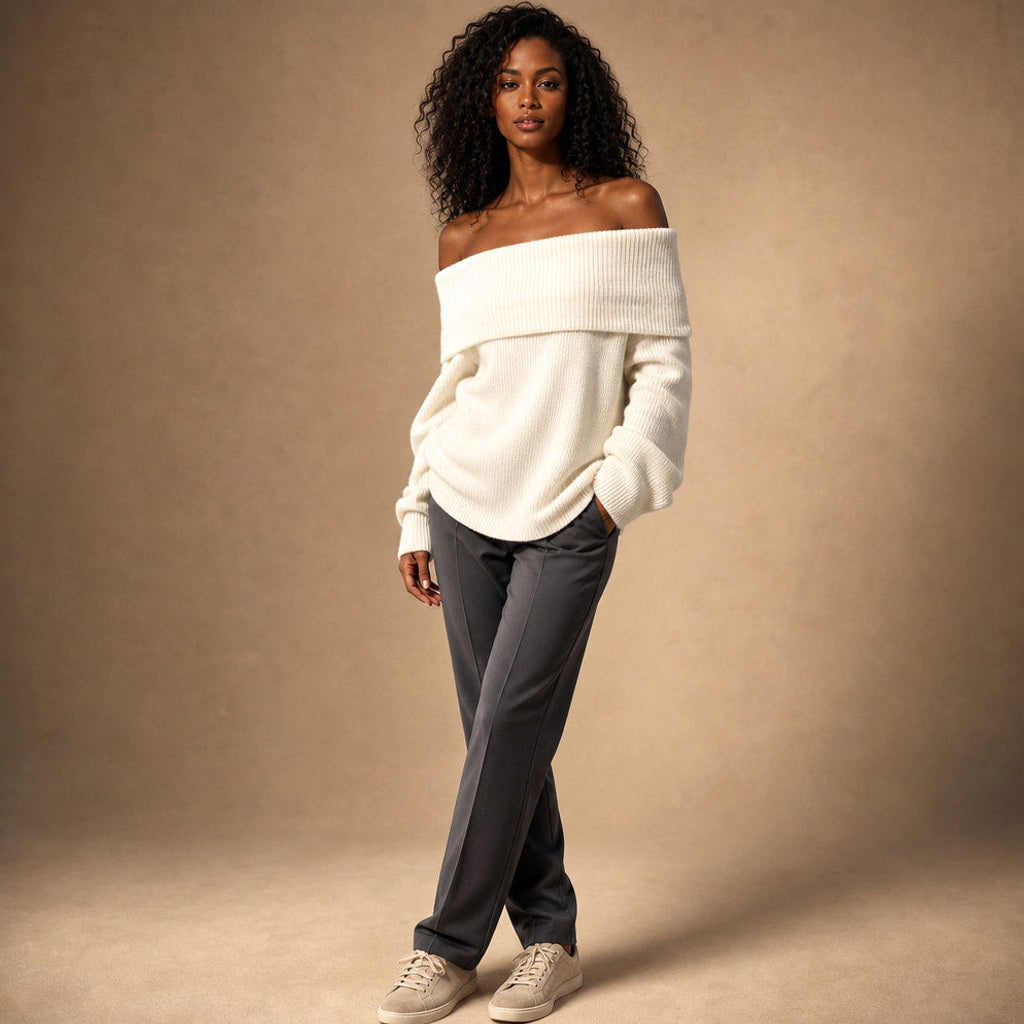 Odilie | Off-Shoulder-Pullover mit Longline-Schnitt Weiß – Seitenansicht