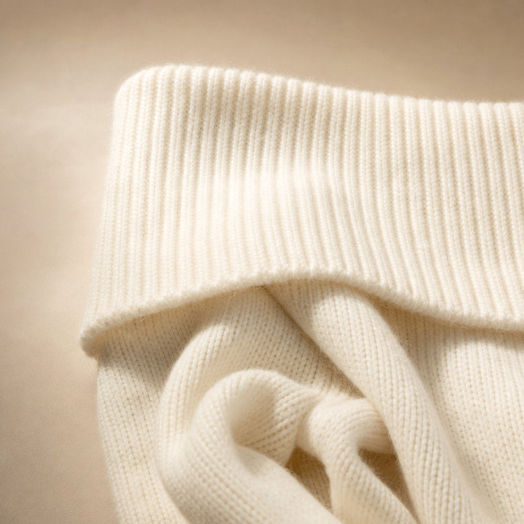 Odilie | Off-Shoulder-Pullover mit Longline-Schnitt Weiß – Stoff- und Detailaufnahme