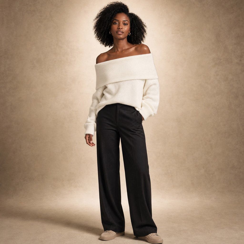 Odilie | Off-Shoulder-Pullover mit Longline-Schnitt Weiß – Gesamtlook