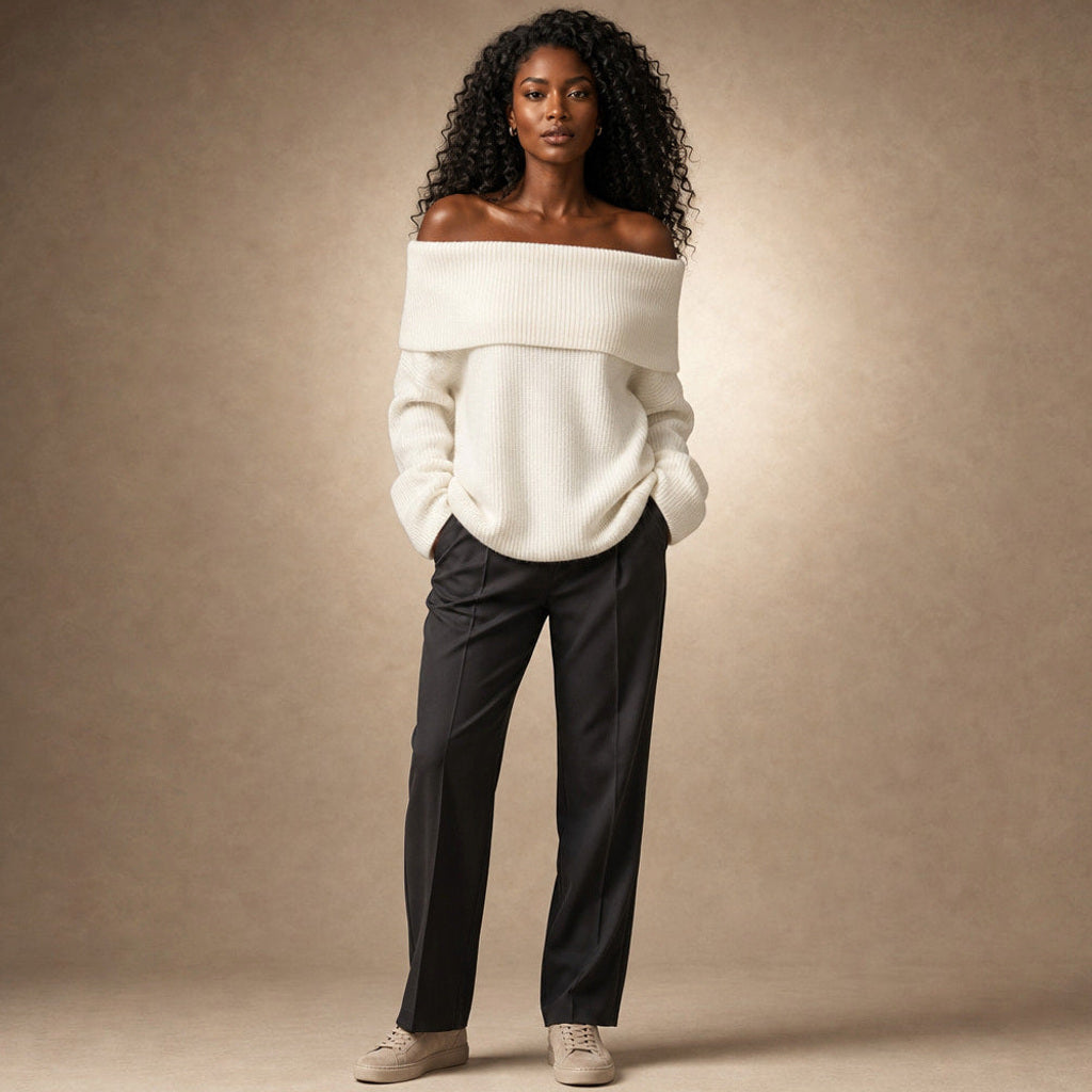 Odilie | Off-Shoulder-Pullover mit Longline-Schnitt in Weiß – Premium Editorial
