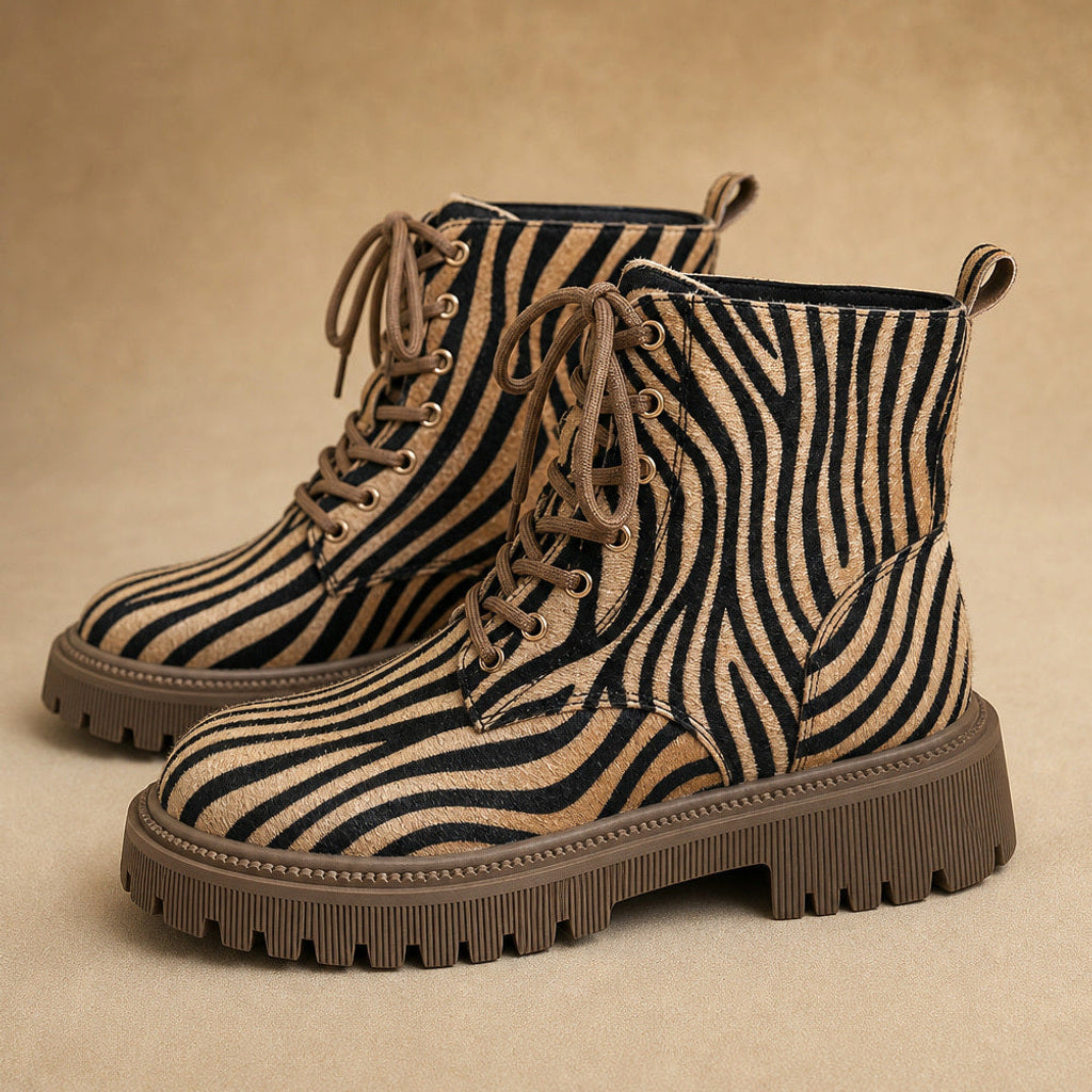 Odolinne | Stiefel mit Zebra-Print und Schnürung – Stoff- und Detailaufnahme