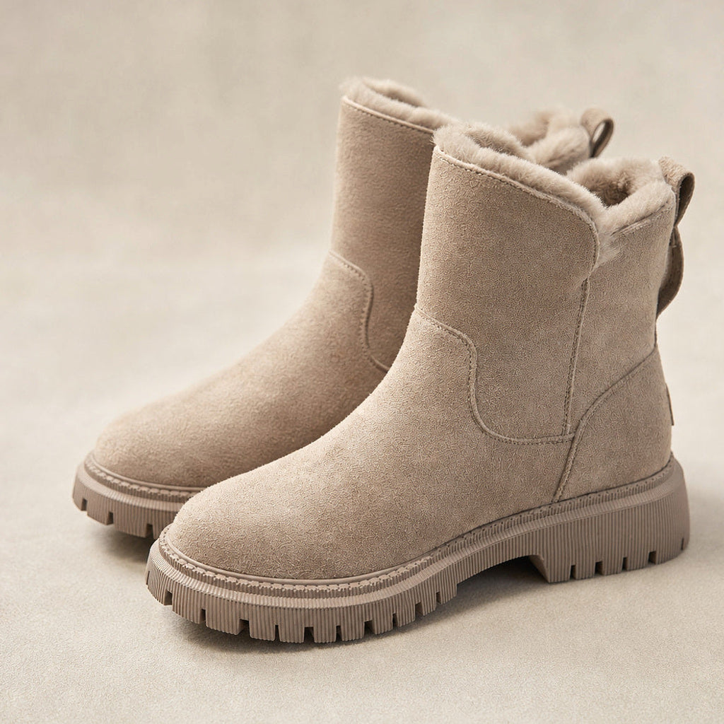 Oelke | Winterstiefelette zum Hineinschlüpfen mit Fleecefutter Beige – Stoff- und Detailaufnahme