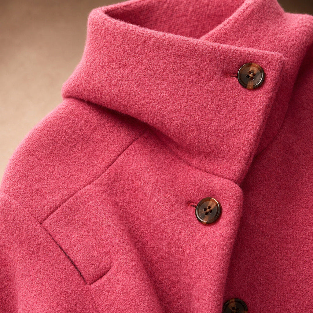 Ofka | Lange Winterjacke mit schmalem Schnitt Dunkelrosa – Stoff- und Detailaufnahme