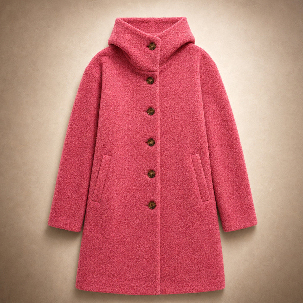 Ofka | Lange Winterjacke mit schmalem Schnitt Dunkelrosa – Flatlay-Produktfoto
