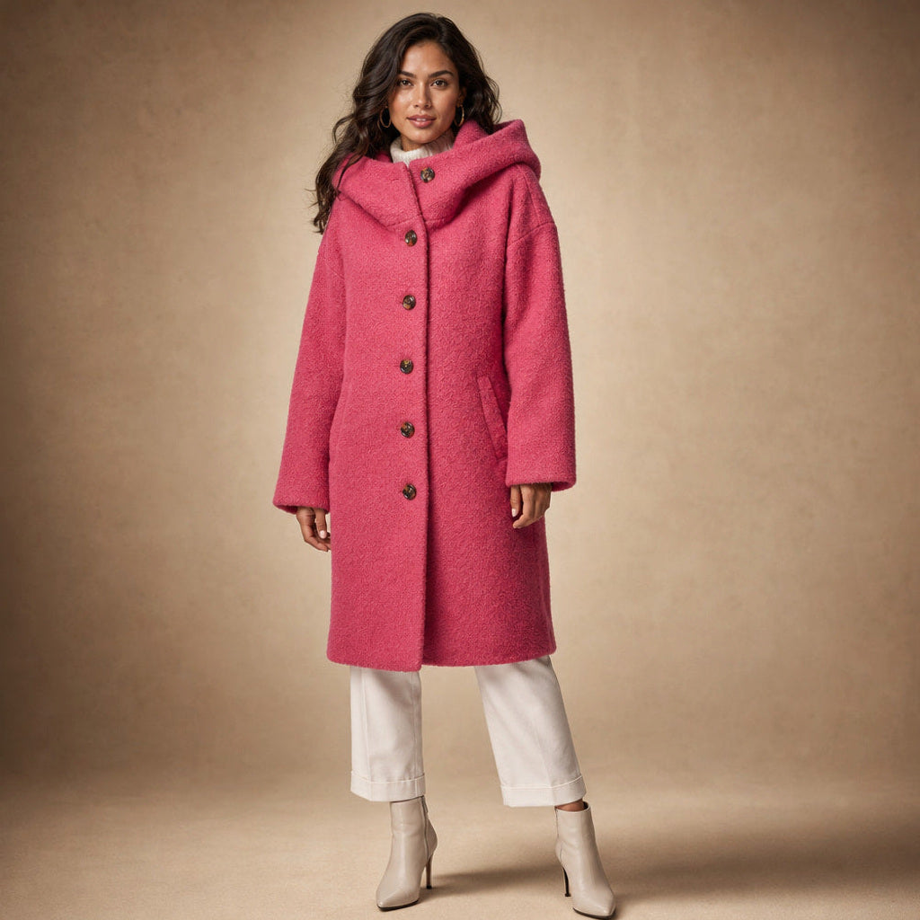 Ofka | Lange Winterjacke mit schmalem Schnitt in Dunkelrosa – Premium Editorial