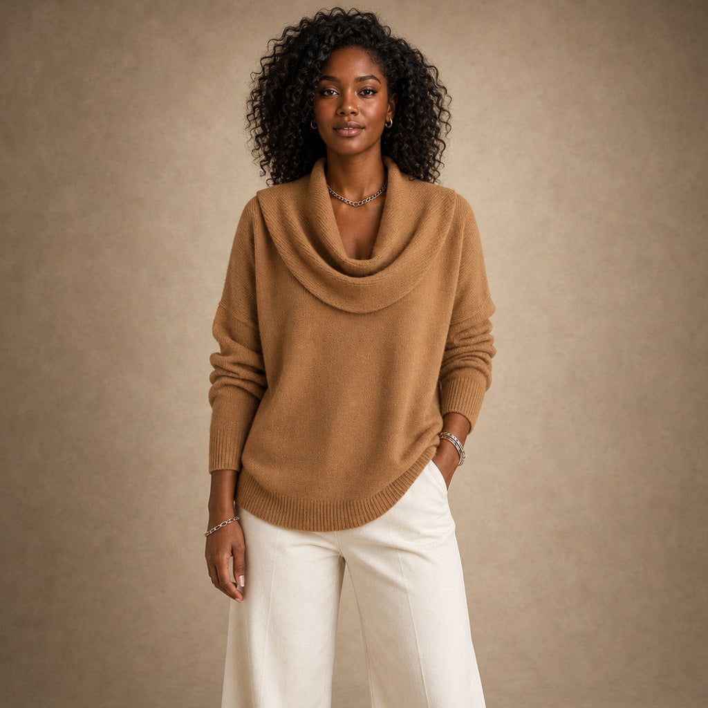 Olesha | Rollkragenpullover mit Wasserfallkragen in Braun – Premium Editorial