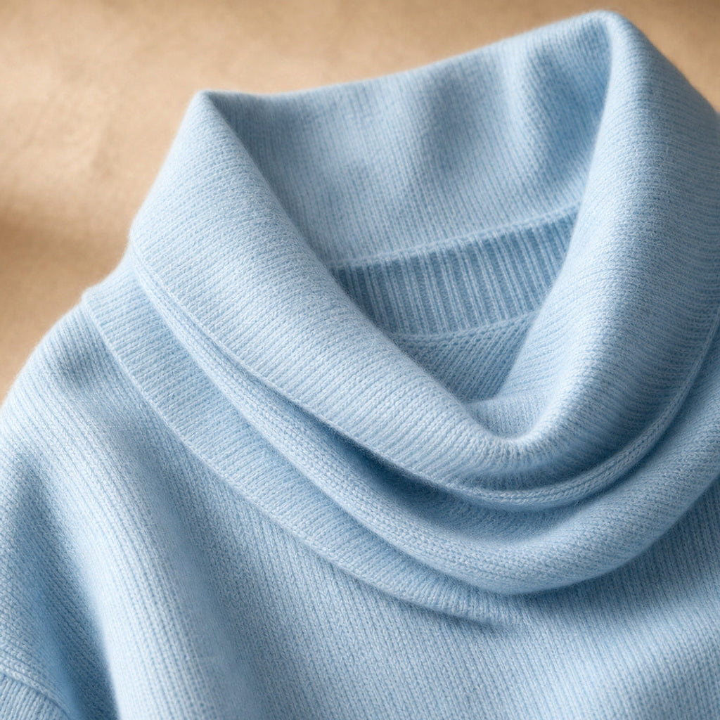 Olesha | Rollkragenpullover mit Wasserfallkragen Hellblau – Stoff- und Detailaufnahme