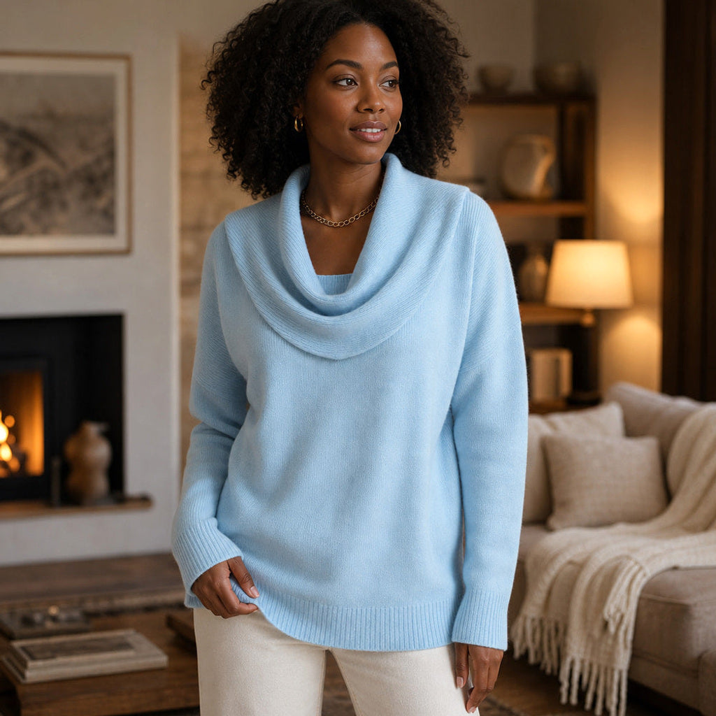 Olesha | Rollkragenpullover mit Wasserfallkragen Hellblau – Gestyltes Editorial-Foto