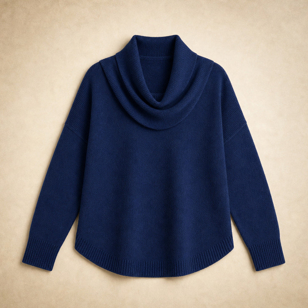 Olesha | Rollkragenpullover mit Wasserfallkragen Marineblau / Blau – Produktfoto