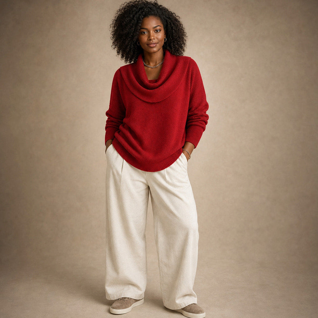 Olesha | Rollkragenpullover mit Wasserfallkragen in Rot – Premium Editorial