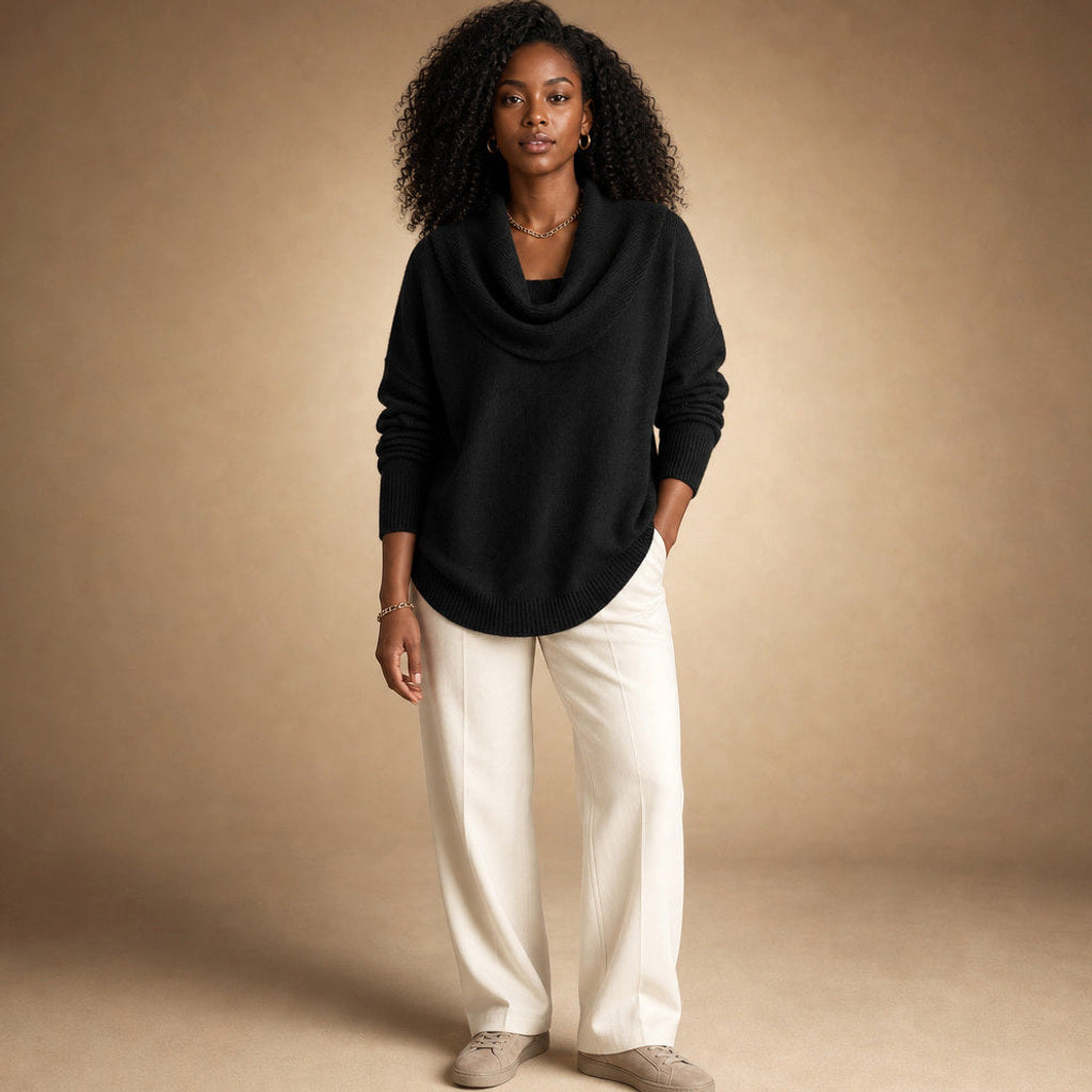 Olesha | Rollkragenpullover mit Wasserfallkragen in Schwarz – Premium Editorial