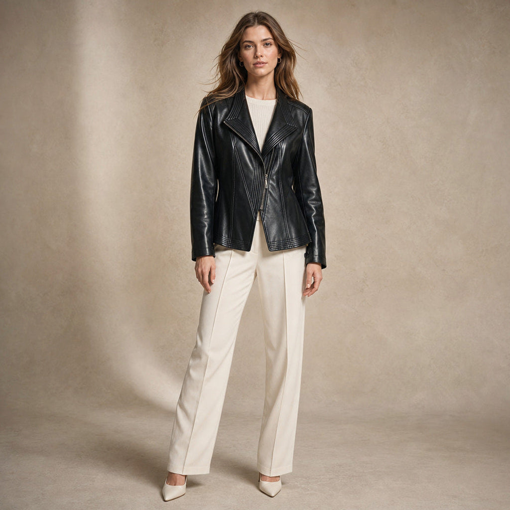 Ortlinde | Kunstlederjacke mit asymmetrischem Zip in Jet Black – Premium Editorial