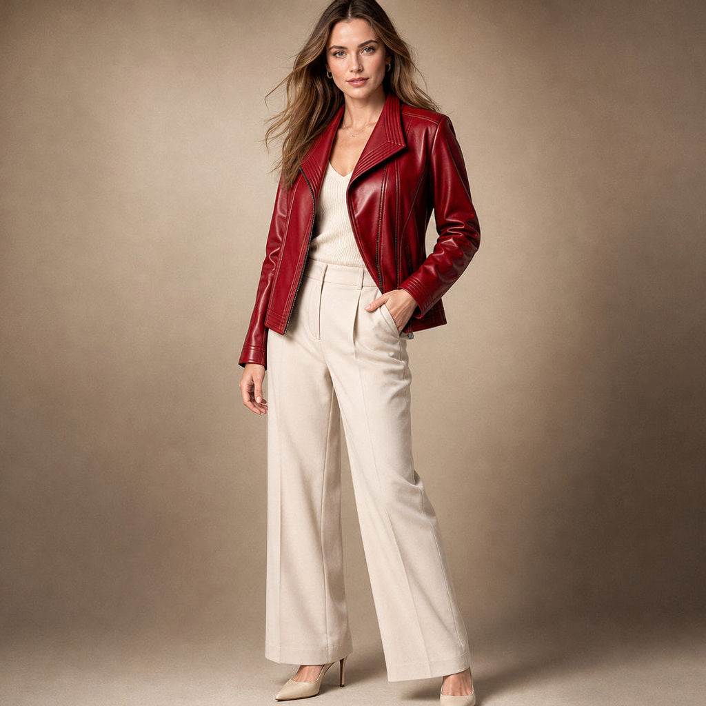 Ortlinde | Kunstlederjacke mit asymmetrischem Zip Karmesinrot – Seitenansicht