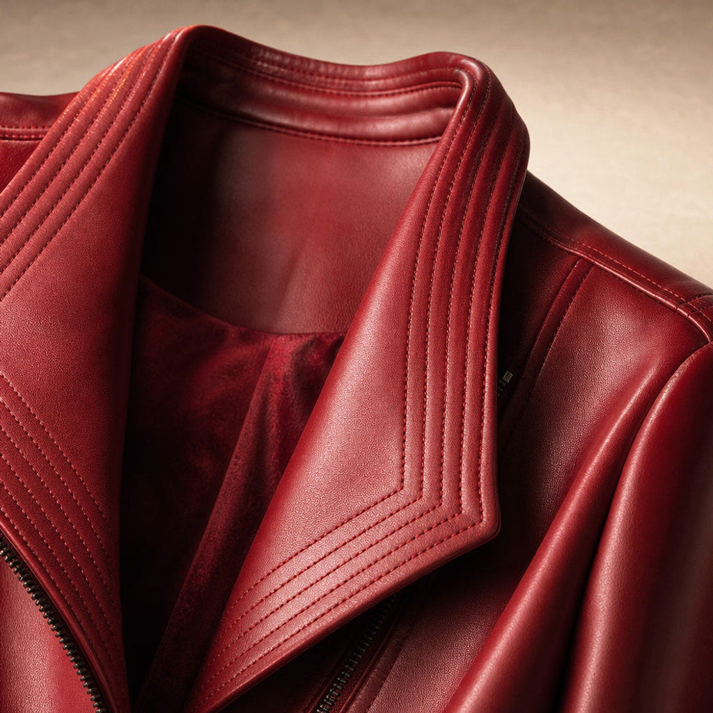 Ortlinde | Kunstlederjacke mit asymmetrischem Zip Karmesinrot – Stoff- und Detailaufnahme