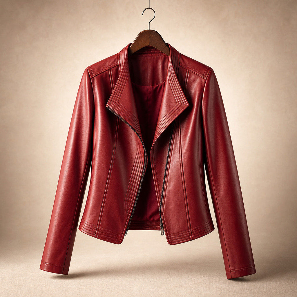 Ortlinde | Kunstlederjacke mit asymmetrischem Zip Karmesinrot – Produktfoto