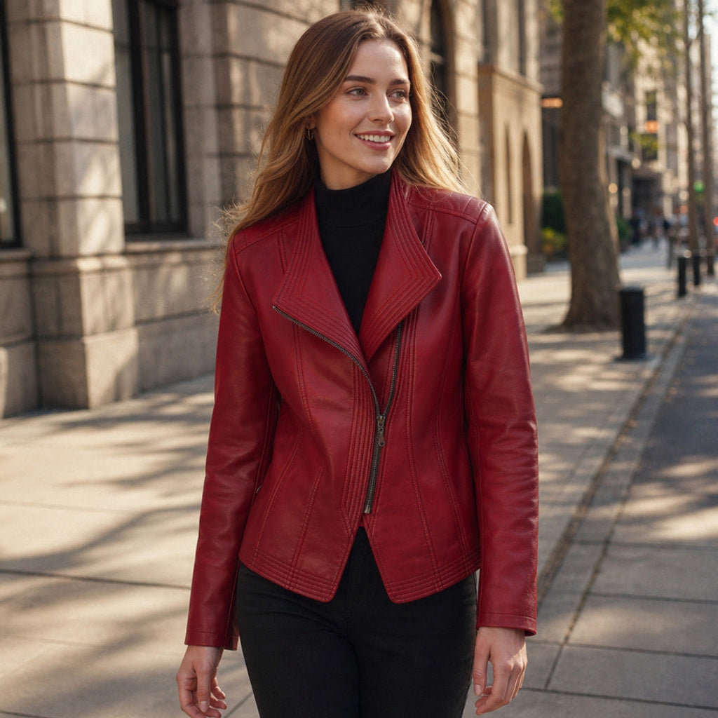 Ortlinde | Kunstlederjacke mit asymmetrischem Zip Karmesinrot – Gestyltes Editorial-Foto