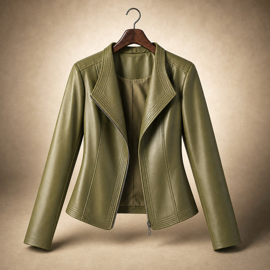 Ortlinde | Kunstlederjacke mit asymmetrischem Zip Oliv / Grün – Produktfoto
