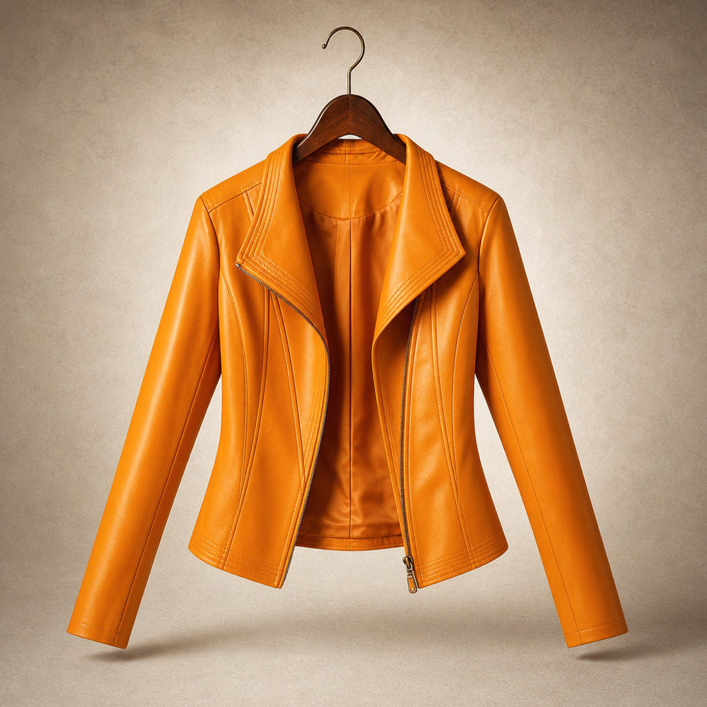Ortlinde | Kunstlederjacke mit asymmetrischem Zip Saffron Orange – Produktfoto