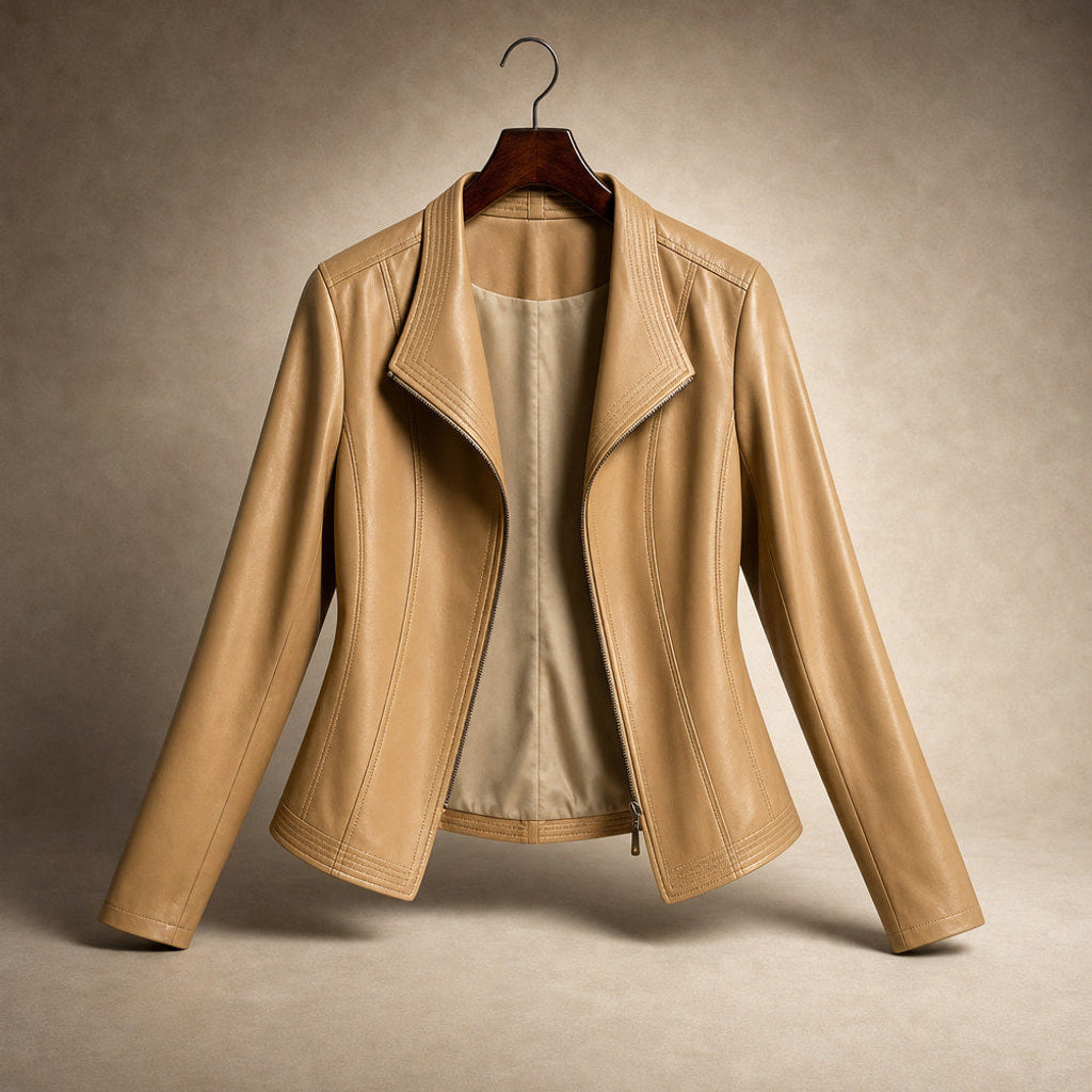 Ortlinde | Kunstlederjacke mit asymmetrischem Zip Warm Beige – Produktfoto