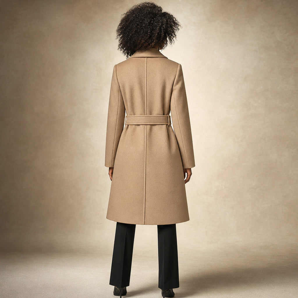 Ortrun | Wollmantel mit Bindegürtel in Midi-Länge – Gesamtlook