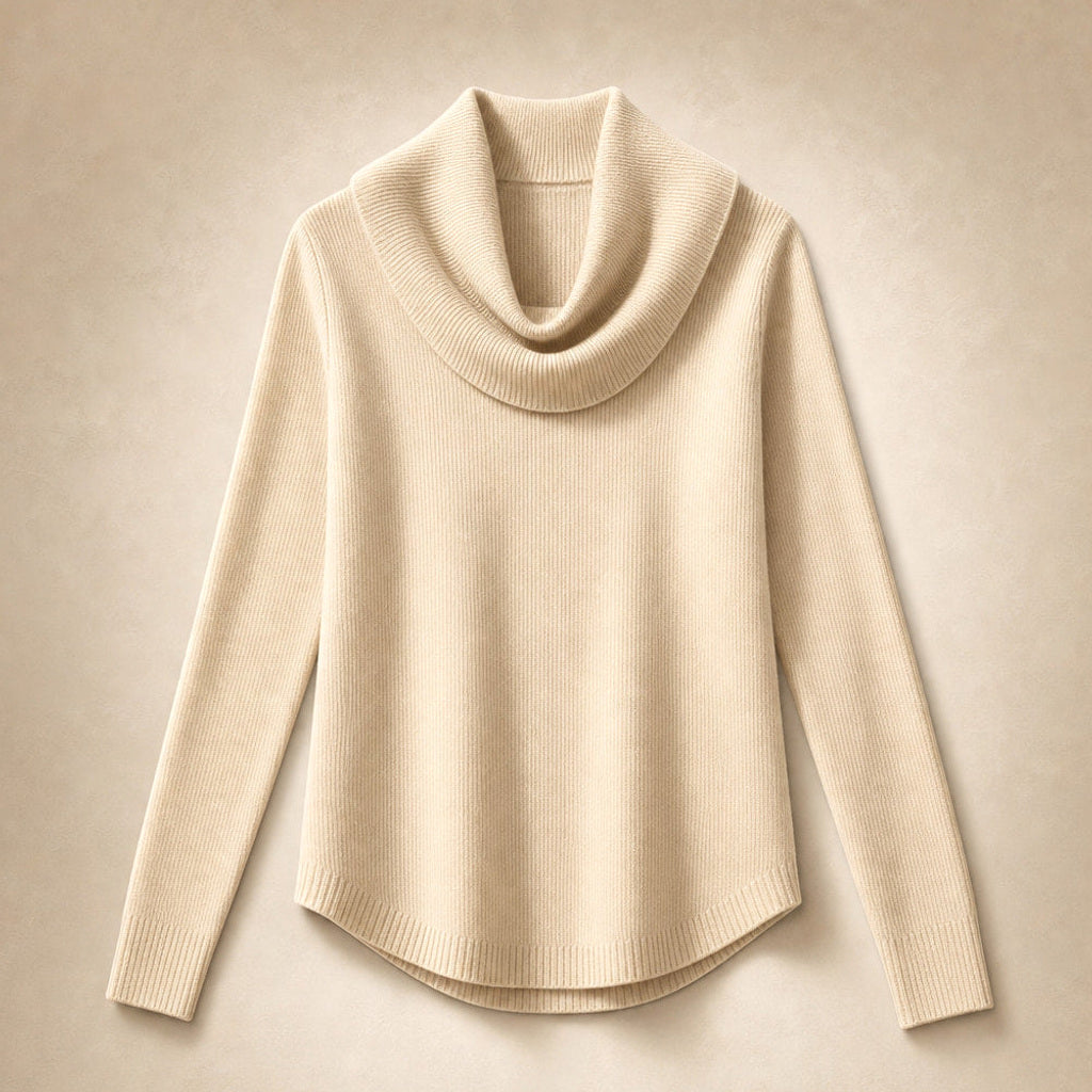 Ragintraud | Rollkragenpullover mit drapiertem Kragen Beige – Produktfoto