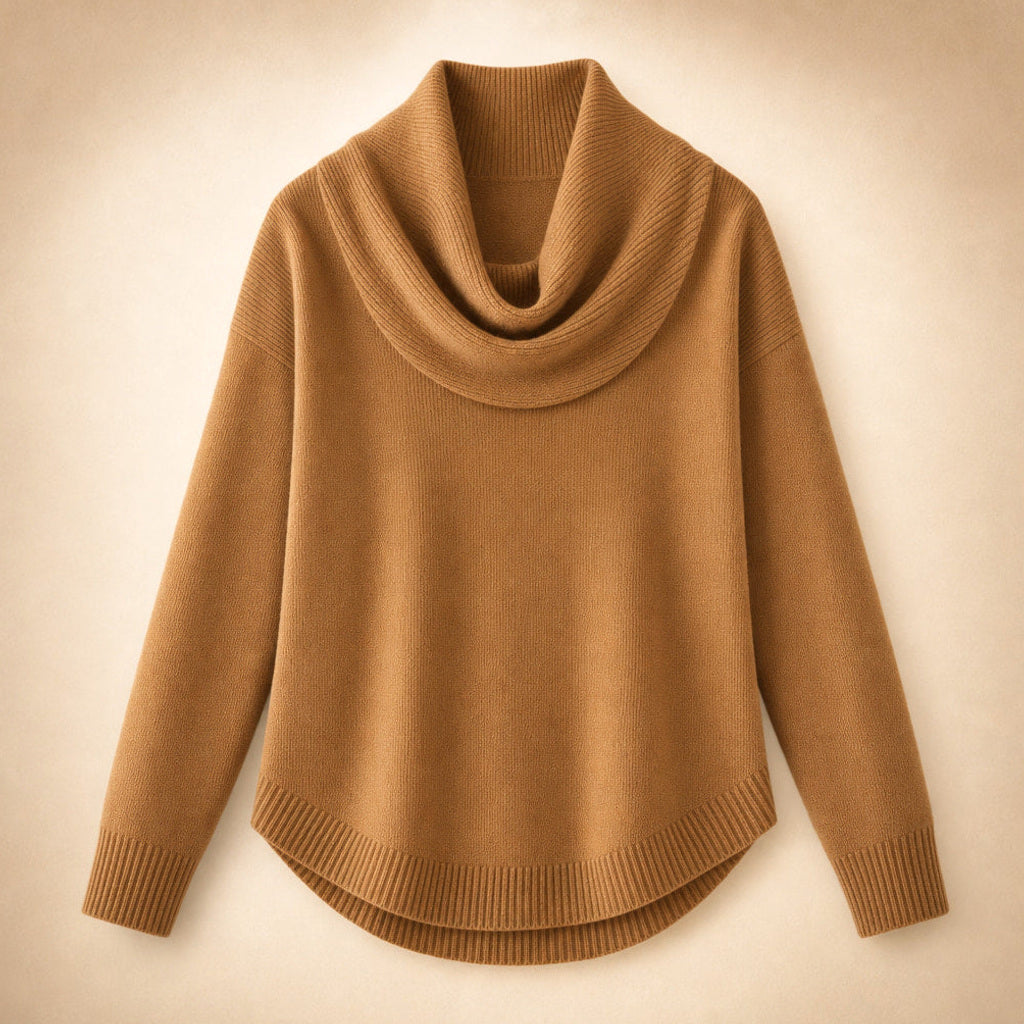 Ragintraud | Rollkragenpullover mit drapiertem Kragen Braun – Produktfoto