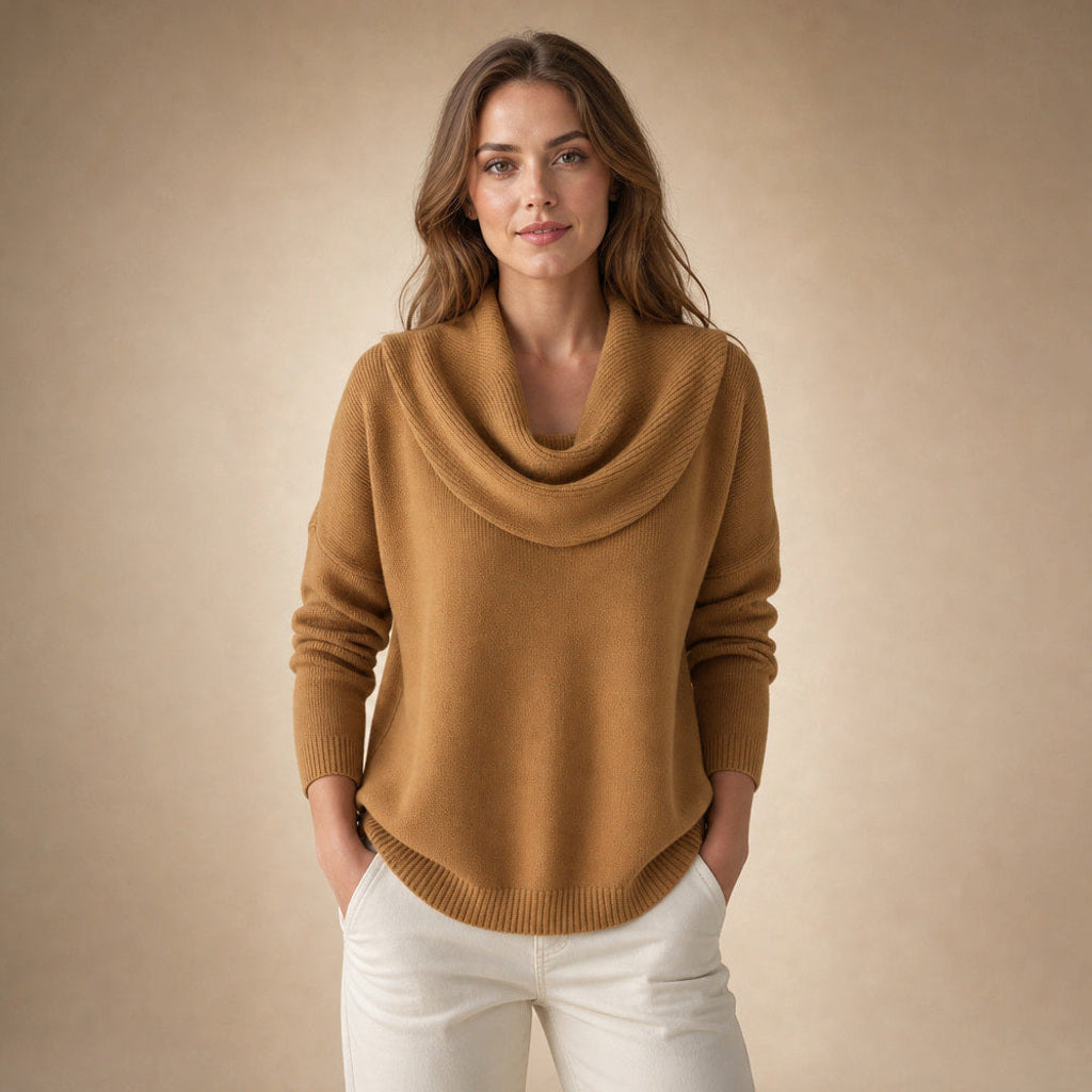 Ragintraud | Rollkragenpullover mit drapiertem Kragen in Braun – Premium Editorial