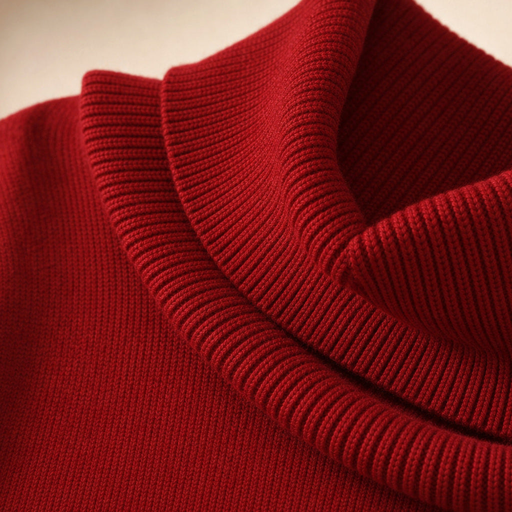 Ragintraud | Rollkragenpullover mit drapiertem Kragen Rot – Stoff- und Detailaufnahme