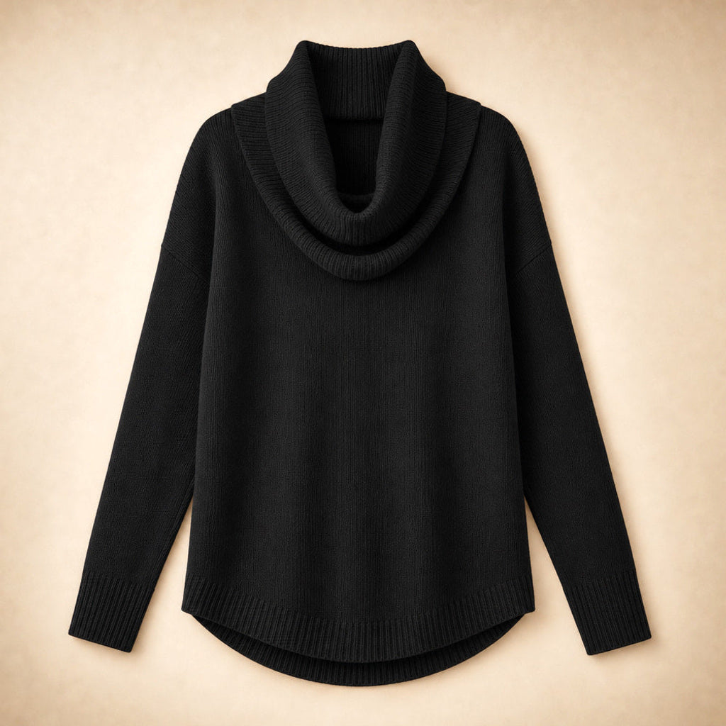 Ragintraud | Rollkragenpullover mit drapiertem Kragen Schwarz – Produktfoto